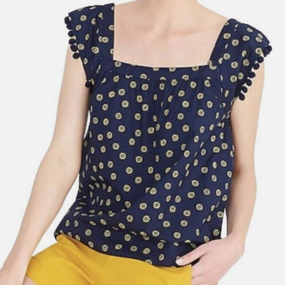 J. Crew Factory Printed Square Neck Top Cotton Poplin Pom Pom Trim Blue (Size 2)